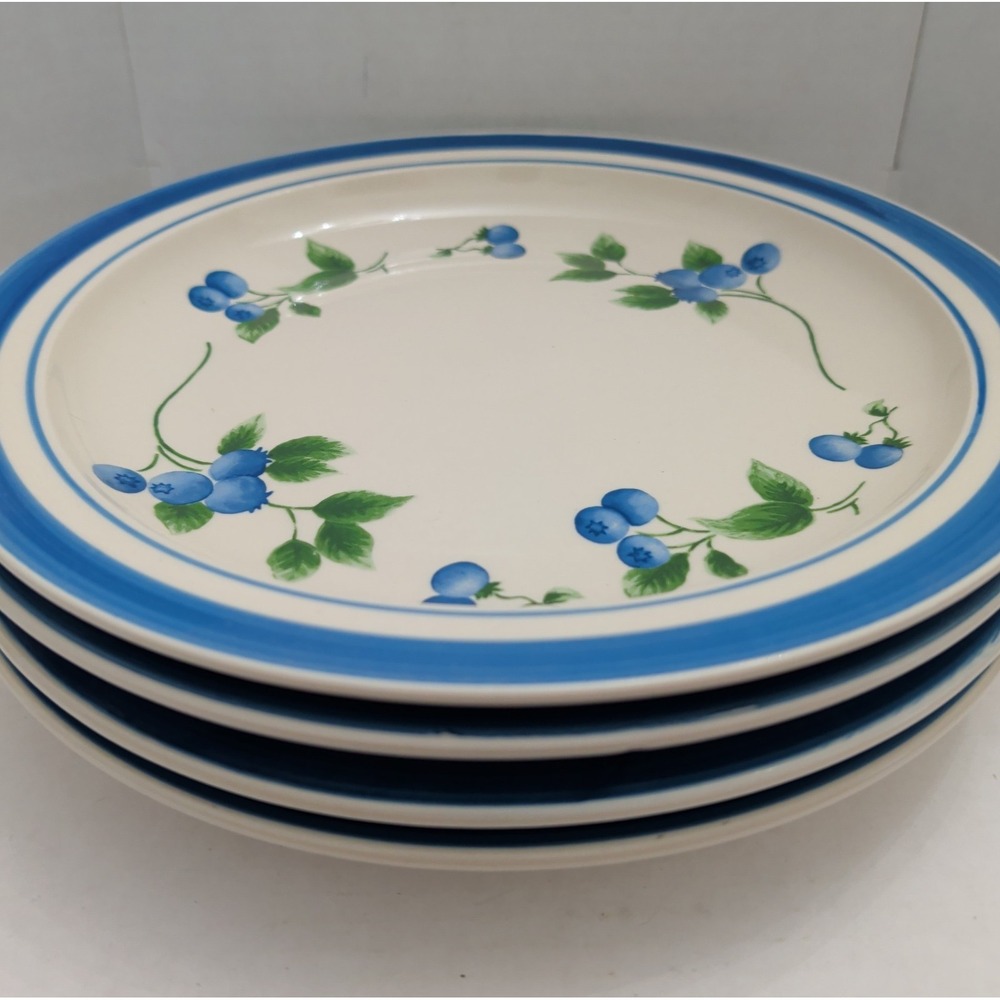 Vtg LL Bean Dinner Plates Blueberry White Blue Country Set of 4 Stoneware